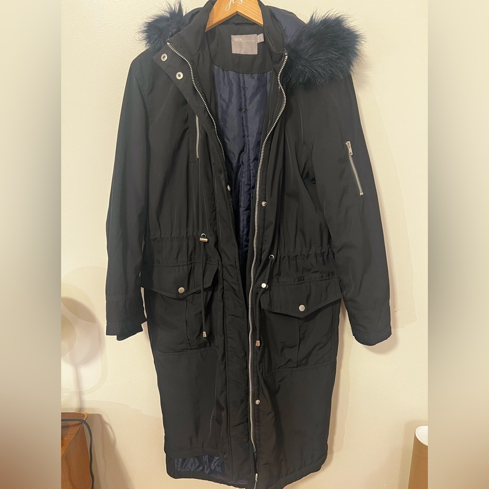 Asos Black Parka with Navy Faux Fur Hood | Lightly worn Size Medium